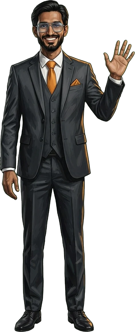 Illustration of Raj Joshi waving